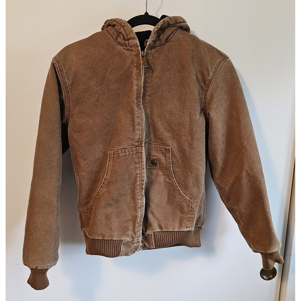 Carhartt Canvas Jacket Youth Sz L 10-12 YYJ130 BRN Quilt Lined Hooded Distressed